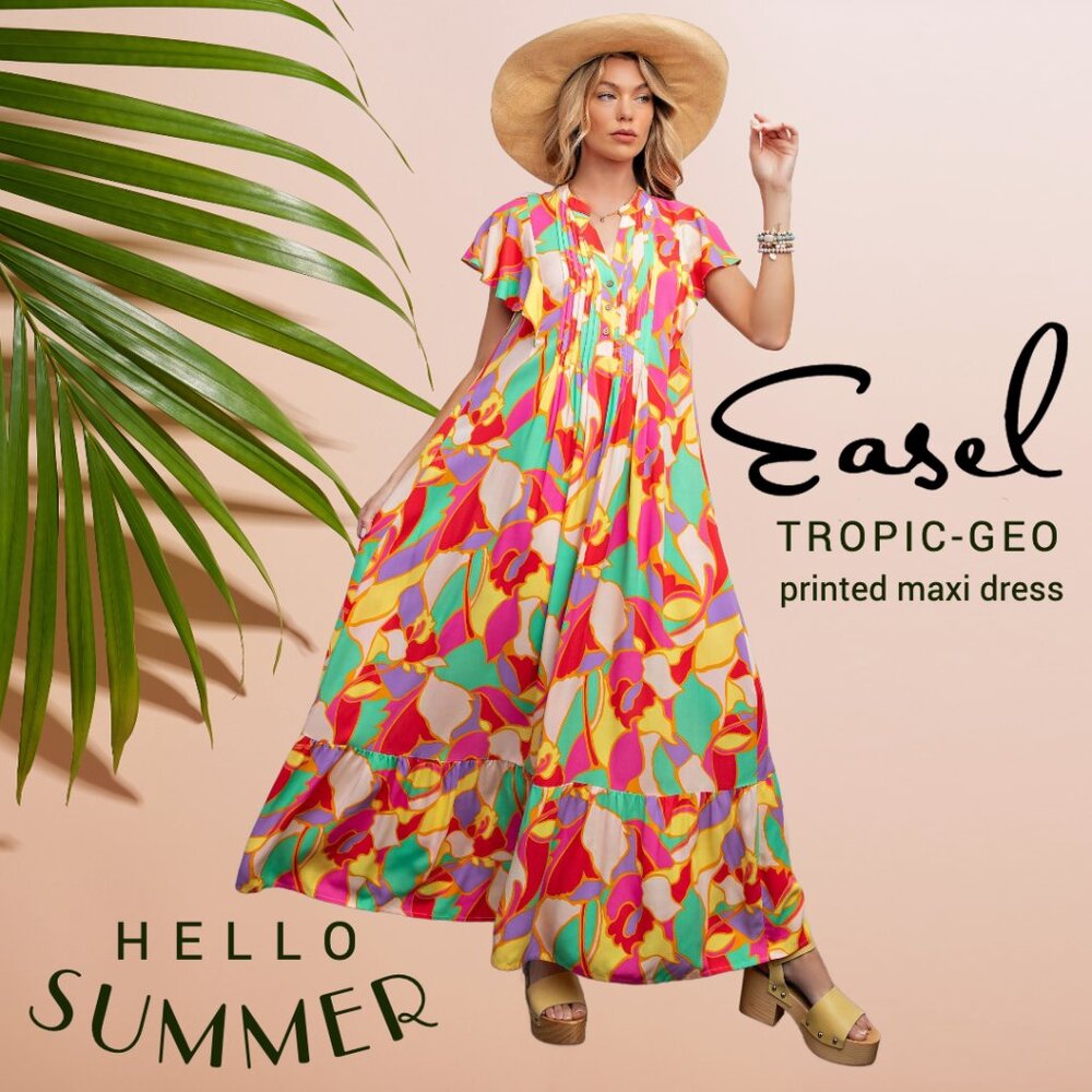 EASEL “Tropic-Geo” Printed Flowy Maxi Dress Flutter Sleeves Loose Fit Ruffle Hem
